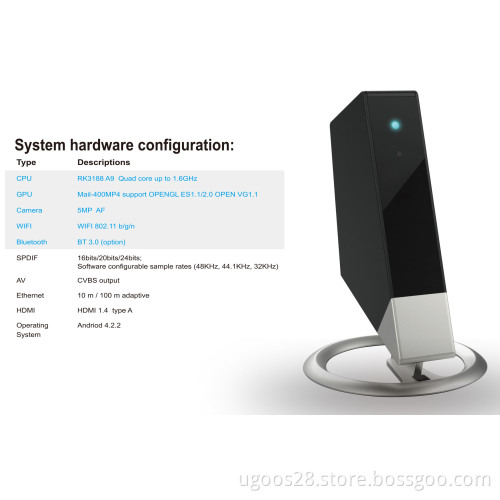 (UG320) Hottest Quad Core Rk3188 Android TV Box Cortex-A9 1g+8g+Bt+5.0 Camera Smart TV Box